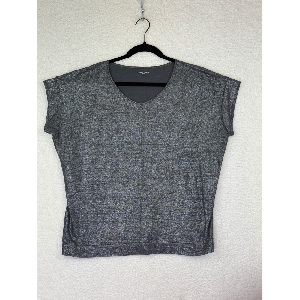 Eileen Fisher Petite Silver Metallic V-Neck Cap Sleeve Top PL Gray Shimmer Linen